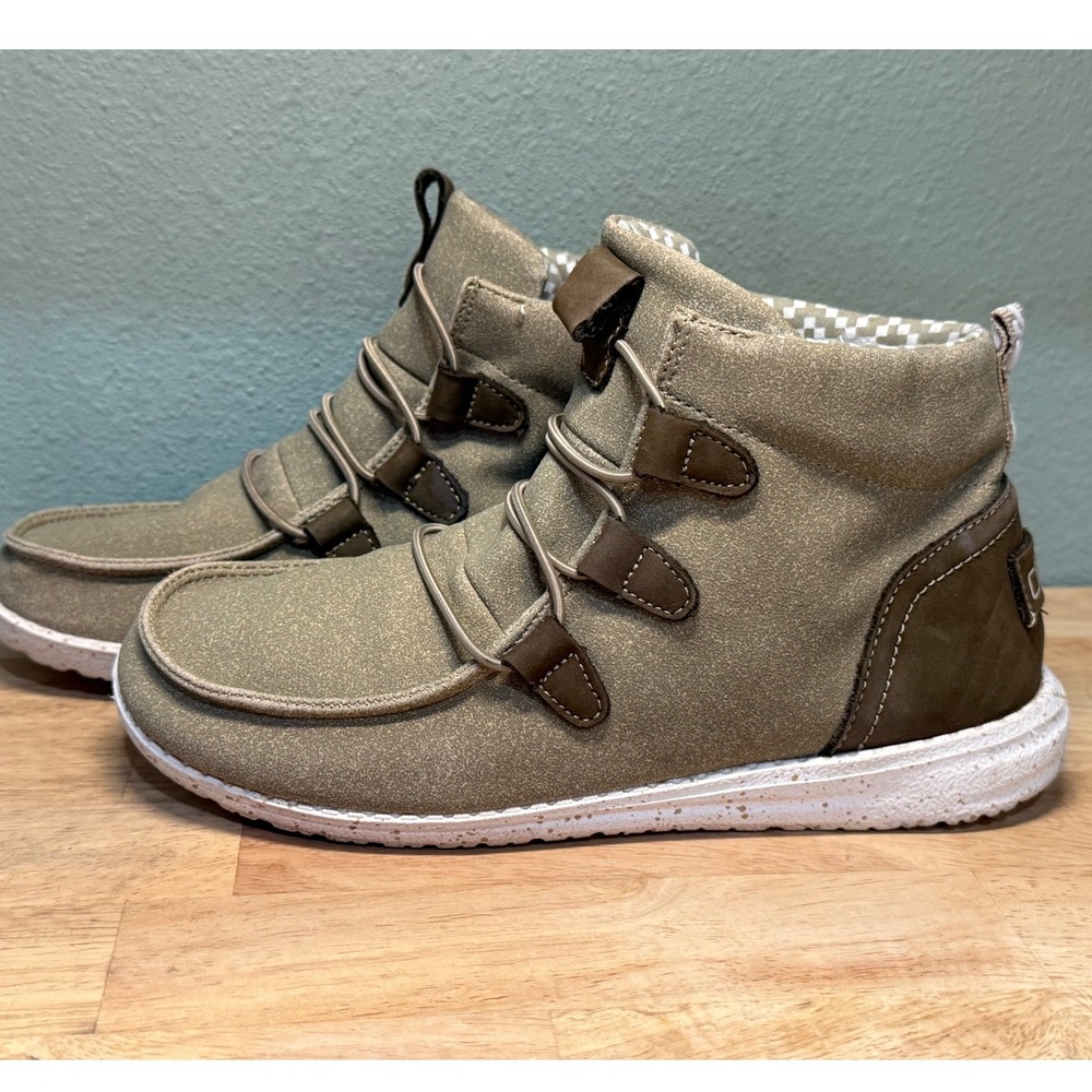 Hey Dude Britt Women Taupe Olive Green Shimmer Slip On Moc Toe Ankle Boots